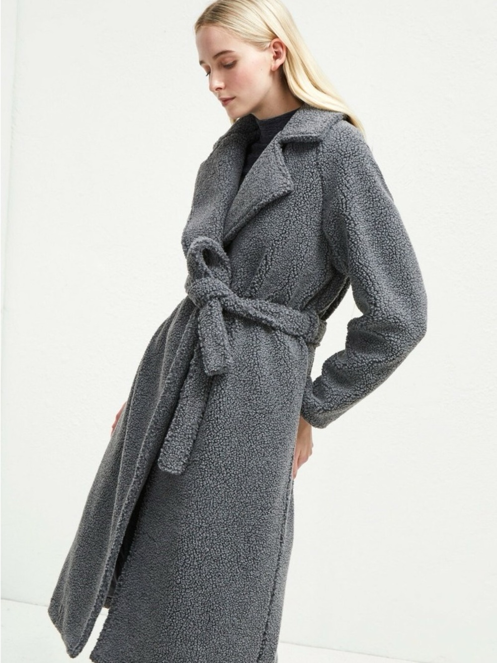 French Connection Arabella Gray Teddy Sherpa Belted Coat